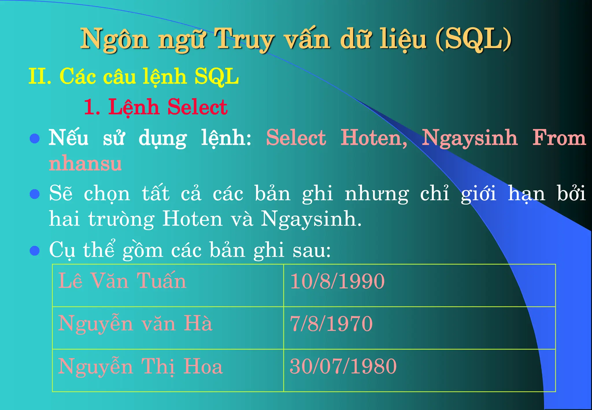 Ng«n ng÷ Truy vÊn d÷ liÖu (SQL)
II. C¸c c©u lÖnh SQL
1. LÖnh Select
 NÕu sö dông lÖnh: Select Hoten, Ngaysinh From
nhansu
 SÏ chän tÊt c¶ c¸c b¶n ghi nhưng chØ giíi h¹n bëi
hai trưßng Hoten vµ Ngaysinh.
 Cô thÓ gåm c¸c b¶n ghi sau:
Lª Văn TuÊn 10/8/1990
NguyÔn văn Hµ 7/8/1970
NguyÔn ThÞ Hoa 30/07/1980
 