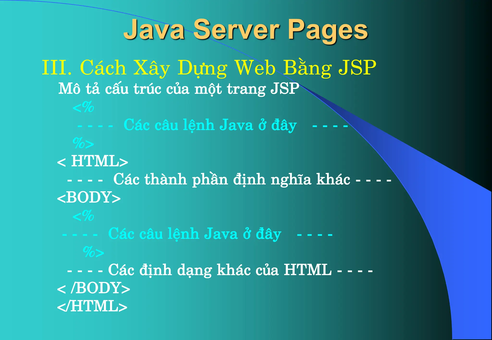 Java Server Pages
III. C¸ch X©y Dùng Web B»ng JSP
M« t¶ cÊu tróc cña mét trang JSP
<%
- - - - C¸c c©u lÖnh Java ë ®©y - - - -
%>
< HTML>
- - - - C¸c thµnh phÇn ®Þnh nghÜa kh¸c - - - -
<BODY>
<%
- - - - C¸c c©u lÖnh Java ë ®©y - - - -
%>
- - - - C¸c ®Þnh d¹ng kh¸c cña HTML - - - -
< /BODY>
</HTML>
 