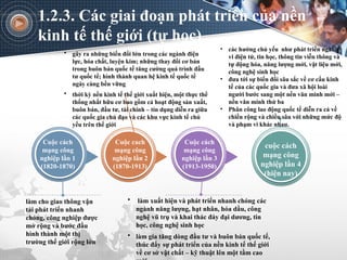1.2.3. Các giai đoạn phát triển của nền
kinh tế thế giới (tự học)
Cuộc cách
mạng công
nghiệp lần 1
(1820-1870)
Cuộc cách
mạng công
nghiệp lần 3
(1913-1950)
Cuộc cách
mạng công
nghiệp lần 2
(1870-1913)
cuộc cách
mạng công
nghiệp lần 4
(hiện nay)
làm cho giao thông vận
tải phát triển nhanh
chóng, công nghiệp được
mở rộng và bước đầu
hình thành một thị
trường thế giới rộng lớn
• làm xuất hiện và phát triển nhanh chóng các
ngành năng lượng, hạt nhân, hóa dầu, công
nghệ vũ trụ và khai thác đáy đại dương, tin
học, công nghệ sinh học
• làm gia tăng dòng đầu tư và buôn bán quốc tế,
thúc đẩy sự phát triển của nền kinh tế thế giới
về cơ sở vật chất – kỹ thuật lên một tầm cao
• gây ra những biến đổi lớn trong các ngành điện
lực, hóa chất, luyện kim; những thay đổi cơ bản
trong buôn bán quốc tế tăng cường quá trình đầu
tư quốc tế; hình thành quan hệ kinh tế quốc tế
ngày càng bền vững
• thời kỳ nền kinh tế thế giới xuất hiện, một thực thể
thống nhất hữu cơ bao gồm cả hoạt động sản xuất,
buôn bán, đầu tư, tài chính – tín dụng diễn ra giữa
các quốc gia chủ đạo và các khu vực kinh tế chủ
yếu trên thế giới
• các hướng chủ yếu như phát triển ngành
vi điện tử, tin học, thông tin viễn thông và
tự động hóa, năng lượng mới, vật liệu mới,
công nghệ sinh học
• đưa tới sự biến đổi sâu sắc về cơ cấu kinh
tế của các quốc gia và đưa xã hội loài
người bước sang một nền văn minh mới –
nền văn minh thứ ba
• Phân công lao động quốc tế diễn ra cả về
chiều rộng và chiều sâu với những mức độ
và phạm vi khác nhau.
 
