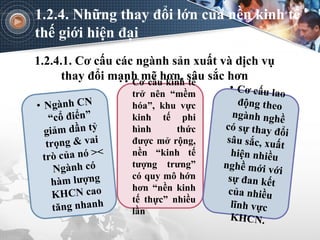1.2.4.1. Cơ cấu các ngành sản xuất và dịch vụ
thay đổi mạnh mẽ hơn, sâu sắc hơn
• Ngành CN
“cổ điển”
giảm dần tỷ
trọng & vai
trò của nó ><
Ngành có
hàm lượng
KHCN cao
tăng nhanh
• Cơ cấu kinh tế
trở nên “mềm
hóa”, khu vực
kinh tế phi
hình thức
được mở rộng,
nền “kinh tế
tượng trưng”
có quy mô hớn
hơn “nền kinh
tế thực” nhiều
lần
• Cơ cấu lao
động theo
ngành nghề
có sự thay đổi
sâu sắc, xuất
hiện nhiều
nghề mới với
sự đan kết
của nhiều
lĩnh vực
KHCN.
1.2.4. Những thay đổi lớn của nền kinh tế
thế giới hiện đại
 