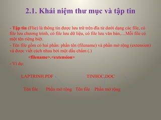 2.1. Khái niệm thư mục và tập tin
- Tập tin (Flie) là thông tin được lưu trữ trên đĩa từ dưới dạng các file, có
file lưu chương trình, có file lưu dữ liệu, có file lưu văn bản,…Mỗi file có
một tên riêng biệt.
- Tên file gồm có hai phần: phần tên (filename) và phần mở rộng (extension)
và được viết cách nhau bởi một dấu chấm (.)
<filename>.<extension>
- Ví dụ:
LAPTRINH.PDF TINHOC.DOC
Tên file Phần mở rộng Tên file Phần mở rộng
 