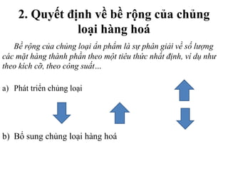 2. Quyết định về bề rộng của chủng
loại hàng hoá
Bề rộng của chủng loại ẩn phẩm là sự phân giải về số lượng
các mặt hàng thành phần theo một tiêu thức nhất định, ví dụ như
theo kích cỡ, theo công suất…
a) Phát triển chủng loại
b) Bổ sung chủng loại hàng hoá
 