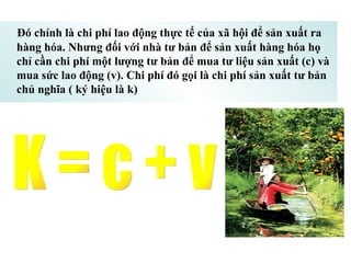 Đó chính là chi phí lao động thực tế của xã hội để sản xuất ra hàng hóa. Nhưng đối với nhà tư bản để sản xuất hàng hóa họ chỉ cần chi phí một lượng tư bản để mua tư liệu sản xuất (c) và mua sức lao động (v). Chi phí đó gọi là chi phí sản xuất tư bản chủ nghĩa ( ký hiệu là k) K = c + v 