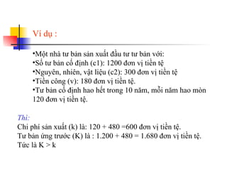 Ví dụ : Một nhà tư bản sản xuất đầu tư tư bản với: Số tư bản cố định (c1): 1200 đơn vị tiền tệ Nguyên, nhiên, vật liệu (c2): 300 đơn vị tiền tệ Tiền công (v): 180 đơn vị tiền tệ. Tư bản cố định hao hết trong 10 năm, mỗi năm hao mòn 120 đơn vị tiền tệ. Thì: Chi phí sản xuất (k) là: 120 + 480 =600 đơn vị tiền tệ. Tư bản ứng trước (K) là : 1.200 + 480 = 1.680 đơn vị tiền tệ. Tức là K > k 