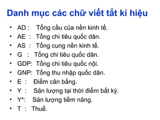 Danh mục các chữ viết tắt kí hiệu
• AD : Tổng cầu của nền kinh tế.
• AE : Tổng chi tiêu quốc dân.
• AS : Tổng cung nền kinh tế.
• G : Tổng chi tiêu quốc dân.
• GDP: Tổng chi tiêu quốc nội.
• GNP: Tổng thu nhập quốc dân.
• E : Điểm cân bằng.
• Y : Sản lượng tại thời điểm bất kỳ.
• Y*: Sản lượng tiềm năng.
• T : Thuế.
 