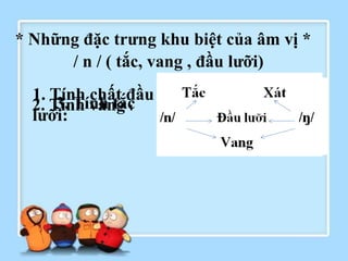 * Những đặc trưng khu biệt của âm vị *
/ n / ( tắc, vang , đầu lưỡi)
1. Tính chất đầu
lưỡi:
2. Tính vang :3. Tính tắc
 