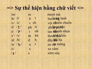 => Sự thể hiện bằng chữ viết <=
/m/ m mượt mà
/b/ b buồn bã
/v/ v vội vã
/f/ ph phấp phới
/t/ t tan tác
/t’/ th thơm tho
/d/ đ đãy đà
/n/ n no nê
/s/ x xa xăm
/ ş / s sớm sủa
/l/ l long lanh
/c/ ch chuồn chuồn
/ ʈ / tr trục trặc
/ ɲ / nh nhanh nhẹn
/x/ kh khô khốc
/h/ h hối hả
/ ʐ, / r ra ruộng
 