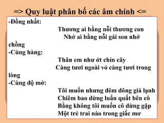 => Quy luật phân bố các âm chính <=
- Phân bố âm chính sau âm đầu và âm
đệm:
+ Nguyên âm đôi /uo/ không đi sau
phụ âm /f/
+ Nguyên âm đôi /ie/ không xuất hiện
sau /ɤ/.
+ Sau / ɯ/ không xuất hiện các nguyên
âm hàng sau tròn môi và hàng sau không
tròn môi /u,o,uo, ɔ, ɔˇ…/
-Phân bố âm chính sau các vần thơ:
Trong các vần thơ Việt Nam, hai nguyên
âm- âm chính ở hai âm tiết hiệp vần với
nhau thường đồng nhất, cùng hàng hoặc
cùng độ mở.
-Đồng nhất:
Thương ai bằng nỗi thương con
Nhớ ai bằng nỗi gái son nhớ
chồng
-Cùng hàng:
Thân em như ớt chín cây
Càng tươi ngoài vỏ càng tươi trong
lòng
-Cùng độ mở:
Tôi muốn nhưng đêm dông giá lạnh
Chiêm bao dừng luẩn quất bên cô
Bằng không tôi muốn cô dừng gặp
Một trẻ trai nào trong giấc mơ
 