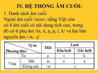 IV. HỆ THỐNG ÂM CUỐI:
1. Danh sách âm cuối:
Ngoài âm cuối /rezo/, tiếng Việt còn
có 8 âm cuối có nội dung tích cực, trong
đó có 6 phụ âm /m, n, ŋ, p, t, k/ và hai bán
nguyên âm /-w, -j/
 