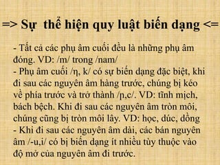 - Tất cả các phụ âm cuối đều là những phụ âm
đóng. VD: /m/ trong /nam/
- Phụ âm cuối /η, k/ có sự biến dạng đặc biệt, khi
đi sau các nguyên âm hàng trước, chúng bị kéo
về phía trước và trở thành /ր,c/. VD: tĩnh mịch,
bách bệch. Khi đi sau các nguyên âm tròn môi,
chúng cũng bị tròn môi lây. VD: học, dúc, dồng
- Khi đi sau các nguyên âm dài, các bán nguyên
âm /-u,i/ có bị biến dạng ít nhiều tùy thuộc vào
độ mở của nguyên âm đi trước.
=> Sự thể hiện quy luật biến dạng <=
 