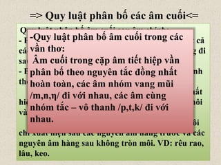 => Quy luật phân bố các âm cuối<=
Quy luật phân bố âm cuối sau âm chính:
- Hầu hết các phụ âm cuối được phân bố sau tất cả
các âm chính, trừ 1 số trường hợp là /η,k/ không đi
sau /ɤ,m,p, ɯ, ɔˇ, εˇ, n,t /
- Bán nguyên âm cuối /-u, -i/ kết hợp với âm chính
theo nguyên tắc xa nhau về cấu âm:
+ Bán nguyên âm /i/ thuộc hàng trước chỉ xuất
hiện sau các nguyên âm hàng sau (không tròn môi
và tròn môi ). VD: gửi, nơi, ấy,…
+ Bán nguyên âm /u/ thuộc hàng sau tròn môi
chỉ xuất hiện sau các nguyên âm hàng trước và các
nguyên âm hàng sau không tròn môi. VD: rêu rao,
lâu, keo.
-Quy luật phân bố âm cuối trong các
vần thơ:
Âm cuối trong cặp âm tiết hiệp vần
phân bố theo nguyên tắc đồng nhất
hoàn toàn, các âm nhóm vang mũi
/m,n,η/ đi với nhau, các âm cùng
nhóm tắc – vô thanh /p,t,k/ đi với
nhau.
 