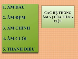 CÁC HỆ THỐNG
ÂM VỊ CỦA TIẾNG
VIỆT
1. ÂM ĐẦU
2. ÂM ĐỆM
3. ÂM CHÍNH
4. ÂM CUỐI
5. THANH ĐIỆU
 