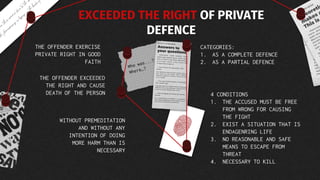 WITHOUT PREMEDITATION
AND WITHOUT ANY
INTENTION OF DOING
MORE HARM THAN IS
NECESSARY
THE OFFENDER EXERCISE
PRIVATE RIGHT IN GOOD
FAITH
THE OFFENDER EXCEEDED
THE RIGHT AND CAUSE
DEATH OF THE PERSON
EXCEEDED THE RIGHT OF PRIVATE
DEFENCE
CATEGORIES:
1. AS A COMPLETE DEFENCE
2. AS A PARTIAL DEFENCE
4 CONDITIONS
1. THE ACCUSED MUST BE FREE
FROM WRONG FOR CAUSING
THE FIGHT
2. EXIST A SITUATION THAT IS
ENDAGENRING LIFE
3. NO REASONABLE AND SAFE
MEANS TO ESCAPE FROM
THREAT
4. NECESSARY TO KILL
 