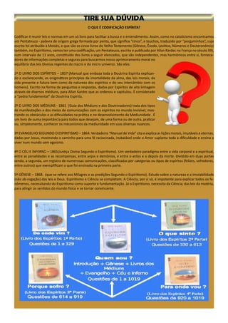 O QUE É CODIFICAÇÃO ESPÍRITA?
Codificar é reunir leis e normas em um só livro para facilitar a busca e o entendimento. Assim, como no catolicismo encontramos
um Pentateuco - palavra de origem grega formada por penta, que significa “cinco”, e teuchos, traduzido por “pergaminhos”, cuja
escrita foi atribuído à Moisés, e que são os cinco livros do Velho Testamento (Gênese, Êxodo, Levítico, Números e Deuteronômio)
também, no Espiritismo, vamos ter uma codificação; um Pentateuco, escrito e publicado por Allan Kardec na França no século XIX,
num intervalo de 11 anos, constituído dos livros a seguir elencados, que são independentes, mas harmônicos entre si, fornece-
dores de informações completas e seguras para buscarmos nosso aprimoramento moral no
equilíbrio das leis Divinas regentes do macro e do micro universo. São eles:
1º O LIVRO DOS ESPÍRITOS – 1857 (Manual que embasa toda a Doutrina Espírita explican-
do e esclarecendo, os enigmáticos princípios da imortalidade da alma, das leis morais, da
vida presente e futura bem como da natureza dos espíritos e do seu intercâmbio com os
homens). Escrito na forma de perguntas e respostas, dadas por Espíritos de alta linhagem
através de diversos médiuns, para Allan Kardec que as ordenou e capitulou. É considerado
a “pedra fundamental” da Doutrina Espírita.
2º O LIVRO DOS MÉDIUNS - 1861 (Guia dos Médiuns e dos Doutrinadores) trata dos tipos
de manifestações e dos meios de comunicações com os espíritos no mundo invisível, mos-
trando os obstáculos e as dificuldades na prática e no desenvolvimento da Mediunidade . É
um livro de suma importância para todos que desejam, de uma forma ou de outra, praticar
ou, simplesmente, conhecer os mecanismos da mediunidade em suas diversas nuances.
3º EVANGELHO SEGUNDO O ESPIRITISMO – 1864. Verdadeiro “Manual de Vida” cita e explica as lições morais, imutáveis e eternas,
dadas por Jesus, mostrando o caminho para uma fé raciocinada, inabalável onde o Amor suplanta toda a dificuldade e ensina a
viver num mundo sem egoísmo.
4º O CÉU E INFERNO – 1865(Justiça Divina Segundo o Espiritismo). Um verdadeiro paradigma entre a vida corporal e a espiritual,
entre as penalidades e as recompensas, entre anjos e demônios, e entre o antes e o depois da morte. Dividido em duas partes
sendo, a segunda, um registro de numerosas comunicações, classificadas por categorias ou tipos de espíritos (felizes, sofredores,
entre outros) que exemplificam o que foi ensinado na primeira parte.
5º GÊNESE – 1868. (que se refere aos Milagres e as predições Segundo o Espiritismo). Estudo sobre a natureza e a imutabilidade
(não ab-rogação) das leis e Deus. Espiritismo e Ciência se completam. A Ciência, por si só, é impotente para explicar todos os fe-
nômenos, necessitando do Espiritismo como suporte e fundamentação. Já o Espiritismo, necessita da Ciência; das leis da matéria,
para atingir os sentidos do mundo físico e se tornar convincente.
 