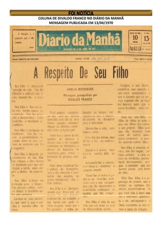 COLUNA DE DIVALDO FRANCO NO DIÁRIO DA MANHÃ
MENSAGEM PUBLICADA EM 13/04/1970
 