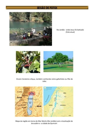 Rio Jordão - onde Jesus foi batizado
(Foto atual)
Árvore Ceratonia siliqua, também conhecida como gafanhoto ou Pão de
João.
Mapa da região em torno do Mar Morto (Rio Jordão) com a localização de
Jerusalém e a cidade de Qumram
 