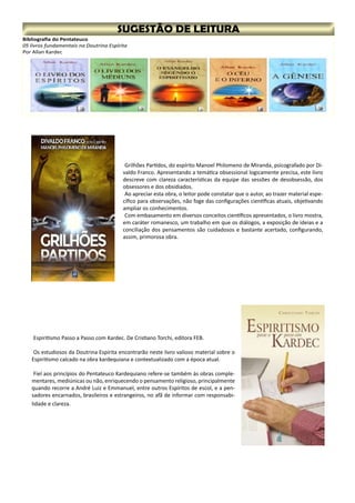 Bibliografia do Pentateuco
05 livros fundamentais na Doutrina Espírita
Por Allan Kardec
Grilhões Partidos, do espírito Manoel Philomeno de Miranda, psicografado por Di-
valdo Franco. Apresentando a temática obsessional logicamente precisa, este livro
descreve com clareza características da equipe das sessões de desobsessão, dos
obsessores e dos obsidiados.
Ao apreciar esta obra, o leitor pode constatar que o autor, ao trazer material espe-
cífico para observações, não foge das configurações científicas atuais, objetivando
ampliar os conhecimentos.
Com embasamento em diversos conceitos científicos apresentados, o livro mostra,
em caráter romanesco, um trabalho em que os diálogos, a exposição de ideias e a
conciliação dos pensamentos são cuidadosos e bastante acertado, configurando,
assim, primorosa obra.
Espiritismo Passo a Passo com Kardec. De Cristiano Torchi, editora FEB.
Os estudiosos da Doutrina Espírita encontrarão neste livro valioso material sobre o
Espiritismo calcado na obra kardequiana e contextualizado com a época atual.
Fiel aos princípios do Pentateuco Kardequiano refere-se também às obras comple-
mentares, mediúnicas ou não, enriquecendo o pensamento religioso, principalmente
quando recorre a André Luiz e Emmanuel, entre outros Espíritos de escol, e a pen-
sadores encarnados, brasileiros e estrangeiros, no afã de informar com responsabi-
lidade e clareza.
 