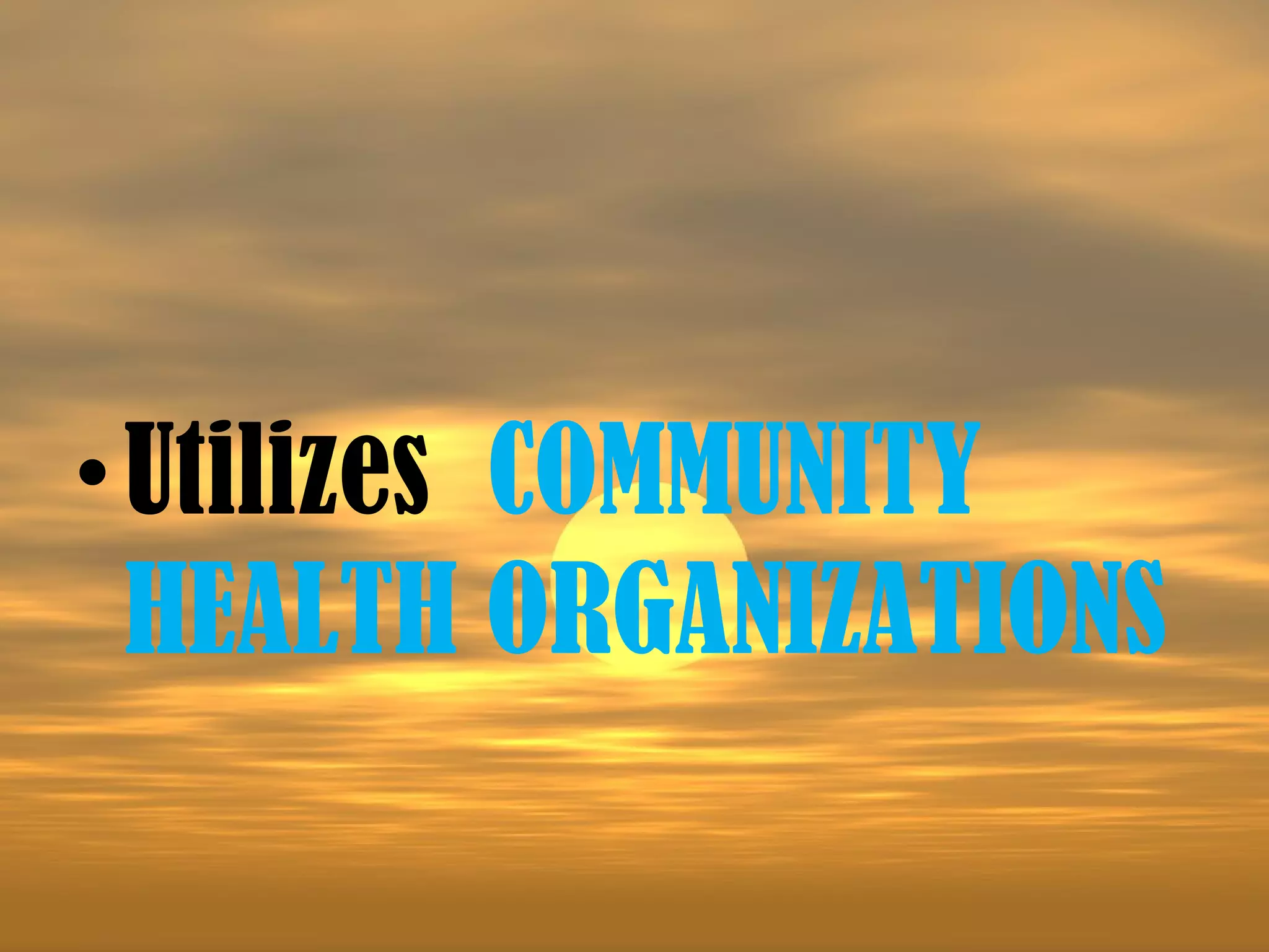 • Utilizes COMMUNITY
  HEALTH ORGANIZATIONS
 