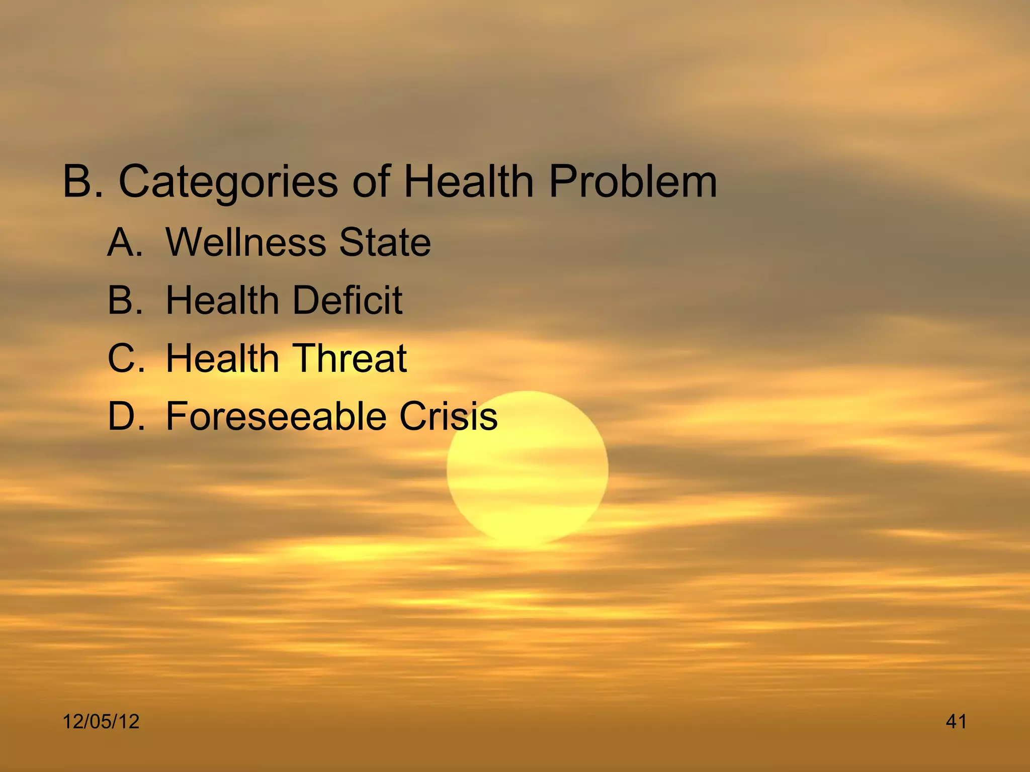 B. Categories of Health Problem
    A.     Wellness State
    B.     Health Deficit
    C.     Health Threat
    D.     Foreseeable Crisis




12/05/12                          41
 