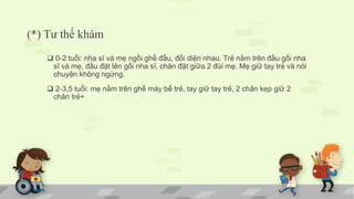 (*) Tư thế khám
 0-2 tuổi: nha sĩ và mẹ ngồi ghế đẩu, đối diện nhau. Trẻ nằm trên đầu gối nha
sĩ và mẹ, đầu đặt lên gối nha sĩ, chân đặt giữa 2 đùi mẹ. Mẹ giữ tay trẻ và nói
chuyện không ngừng.
 2-3,5 tuổi: mẹ nằm trên ghế máy bế trẻ, tay giữ tay trẻ, 2 chân kẹp giữ 2
chân trẻ+
 