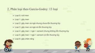 2, Phân loại theo Garcia-Godoy: 13 loại
 Loại 0: nứt men
 Loại 1: gãy men
 Loại 2: gãy men và ngà nhưng chưa tổn thương tủy
 Loại 3: gãy men và ngà có tổn thương tủy
 Loại 4: gãy men + ngà + cement nhưng không tổn thương tủy
 Loại 5: gãy men + ngà + cement có tổn thương tủy
 Loại 6: gãy chân răng
 