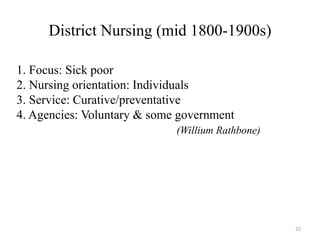District Nursing (mid 1800-1900s)
1. Focus: Sick poor
2. Nursing orientation: Individuals
3. Service: Curative/preventative
4. Agencies: Voluntary & some government
(Willium Rathbone)
22
 