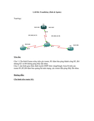 LAB 06: FramRelay (Hub & Spoke)


Topology:




Yêu cầu:

Câu 1: Cấu hình Frame-relay trên các router, R1 đảm bảo ping thành công R3, R4
nhưng R3 và R4 không ping thấy lẫn nhau.
Câu 2: cấu hình giao thức định tuyến OSPF đơn vùng(Single Area 0) trên các
router R1,R3,R4 đảm bảo quảng bá toàn mạng, các router đều ping thấy lẫn nhau.


Hướng dẫn:

Cấu hình trên router SG:
 