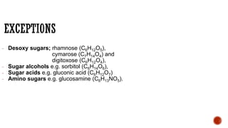 - Desoxy sugars; rhamnose (C6H12O5),
cymarose (C7H14O4) and
digitoxose (C6H12O4),
- Sugar alcohols e.g. sorbitol (C6H14O6),
- Sugar acids e.g. gluconic acid (C6H12O7)
- Amino sugars e.g. glucosamine (C6H13NO5).
 