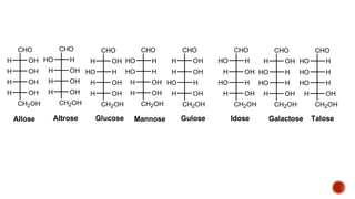 CHO
OH
H
OH
H
OH
H
OH
H
CH2OH
CHO
H
HO
OH
H
OH
H
OH
H
CH2OH
CHO
OH
H
H
HO
OH
H
OH
H
CH2OH
CHO
H
HO
H
HO
OH
H
OH
H
CH2OH
CHO
OH
H
OH
H
H
HO
OH
H
CH2OH
CHO
H
HO
OH
H
H
HO
OH
H
CH2OH
CHO
OH
H
H
HO
H
HO
OH
H
CH2OH
CHO
H
HO
H
HO
H
HO
OH
H
CH2OH
Allose Altrose Glucose Mannose Gulose Idose Galactose Talose
 