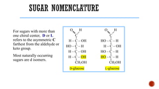 O H O H
C C
H – C – OH HO – C – H
HO – C – H H – C – OH
H – C – OH HO – C – H
H – C – OH HO – C – H
CH2OH CH2OH
D-glucose L-glucose
For sugars with more than
one chiral center, D or L
refers to the asymmetric C
farthest from the aldehyde or
keto group.
Most naturally occurring
sugars are d isomers.
 