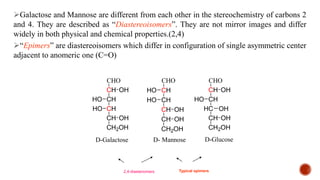 CHO
CH
CH
CH
CH
CH2OH
OH
HO
OH
D-Galactose
HO
CHO
CH
CH
CH
CH
CH2OH
OH
OH
HO
HO
D- Mannose
CHO
CH
CH
HC
CH
CH2OH
OH
HO
OH
D-Glucose
OH
➢Galactose and Mannose are different from each other in the stereochemistry of carbons 2
and 4. They are described as “Diastereoisomers”. They are not mirror images and differ
widely in both physical and chemical properties.(2,4)
➢“Epimers” are diastereoisomers which differ in configuration of single asymmetric center
adjacent to anomeric one (C=O)
Typical epimers
2,4-diasteriomers
 