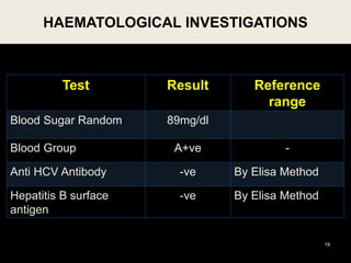 Test Result Reference
range
Blood Sugar Random 89mg/dl
Blood Group A+ve -
Anti HCV Antibody -ve By Elisa Method
Hepatitis B surface
antigen
-ve By Elisa Method
HAEMATOLOGICAL INVESTIGATIONS
19
 