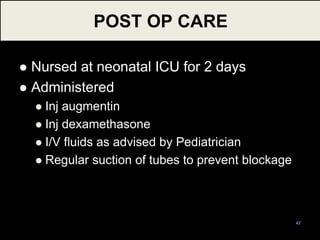  Nursed at neonatal ICU for 2 days
 Administered
 Inj augmentin
 Inj dexamethasone
 I/V fluids as advised by Pediatrician
 Regular suction of tubes to prevent blockage
47
POST OP CARE
 