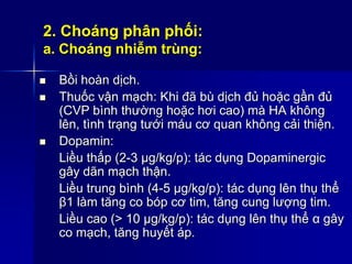2. Choáng phân phối:
a. Choáng nhiễm trùng:
 Bồi hoàn dịch.
 Thuốc vận mạch: Khi đã bù dịch đủ hoặc gần đủ
(CVP bình thường hoặc hơi cao) mà HA không
lên, tình trạng tưới máu cơ quan không cải thiện.
 Dopamin:
Liều thấp (2-3 µg/kg/p): tác dụng Dopaminergic
gây dãn mạch thận.
Liều trung bình (4-5 µg/kg/p): tác dụng lên thụ thể
β1 làm tăng co bóp cơ tim, tăng cung lượng tim.
Liều cao (> 10 µg/kg/p): tác dụng lên thụ thể α gây
co mạch, tăng huyết áp.
 