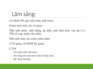 Lâm sàng:
Có bệnh NN gây mất máu, mất nước.
Giảm tưới máu các cơ quan
Dấu mất nước: mắt trũng, da khô, môi lưỡi khô, véo da (+),
TM cổ xẹp, nhãn cầu mềm
Dấu mất máu: da xanh, niêm nhợt
CVP giảm, ALĐMP bít giảm.
CTM:
◦ Hct giảm khi mất máu.
◦ Hct tăng khi mất nước làm cô đặc máu.
◦ BC bình thường.
 