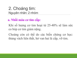2. Choáng tim:
Nguyên nhân: 2 nhóm
a. Nhồi máu cơ tim cấp:
Khi số lượng cơ tim hoại tử 25-40% sẽ làm sức
co bóp cơ tim giảm nặng.
Choáng còn có thể do các biến chứng cơ học:
thủng vách liên thất, hở van hai lá cấp, vỡ tim.
 