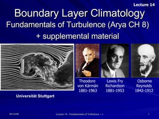 Boundary Layer Climatology Fundamentals of Turbulence (Arya CH 8) + supplemental material Theodore  von Kármán  1881-1963 Osborne Reynolds  1842-1912  Lewis Fry Richardson 1881-1953 Lecture 14 Universität Stuttgart   