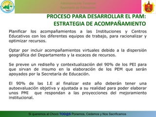PROCESO PARA DESARROLLAR EL PAM: ESTRATEGIA DE ACOMPAÑAMIENTO Planificar los acompañamientos a las Instituciones y Centros Educativos con los diferentes equipos de trabajo, para racionalizar y optimizar recursos. Optar por incluir acompañamientos virtuales debido a la dispersión geográfica del Departamento y la escaces de recursos. Se prevee un rediseño y contextualización del 90% de los PEI para que sirvan de insumo en la elaboración de los PEM que serán apoyados por la Secretaría de Educación. El 90% de las I.E al finalizar este año deberán tener una autoevaluación objetiva y ajustada a su realidad para poder elaborar unos PMI  que respondan a las proyecciones del mejoramiento institucional. 