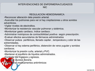 REGULACION HEMODINAMICA
-Reconocer alteración dela presión arterial.
-Auscultar los pulmones para ver si hay crepitaciones u otros sonidos
adventicios.
-Vigilar niveles de electrolitos.
-Monitorizar la resistencia vascular pulmonar y sistémica.
-Monitorizar gasto cardiaco, índice cardiaco .
-Administrar inotrópicos de contractibilidad positiva según prescripción.
-Evaluar efectos secundarios de fármacos administrados
-Observar pulsos periféricos, llenado capilar , temperatura y color de las
extremidades.
-Observar si hay edema periférico, distención de vena yugular y sonidos
cardiacos.
-Monitorizar la presión cuña, arterial y PVC.
-Mantener el equilibrio de líquidos administrados.
-Controlar los ingresos y egresos.
-Registrar diuresis horaria.
-Administrar medicamentos antirritmicos
INTERVENCIONES DE ENFERMERIA/CUIDADOSINTERVENCIONES DE ENFERMERIA/CUIDADOS
NICNIC
 