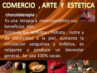 El cacao es rico en antioxidantes, que disminuyen la formación de los radicales libres causantes del cáncer y del envejecimiento prematuro. COSTUMBRES  Y  TRADICIONESFALSOS    MITOS  : Produce acné.              