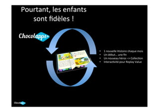 Pourtant,	
  les	
  enfants	
  
   sont	
  ﬁdèles	
  !	
  



                                  •    1	
  nouvelle	
  Histoire	
  chaque	
  mois	
  
                                  •    Un	
  début…	
  une	
  ﬁn	
  
                                  •    Un	
  nouveau	
  héros	
  –>	
  Collec.on	
  
                                  •    Interac.vité	
  pour	
  Replay	
  Value	
  
 