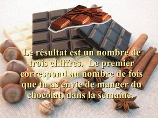 Le résultat est un nombre de trois chiffres.  Le premier correspond au nombre de fois que tu as envie de manger du chocolat, dans la semaine.  
