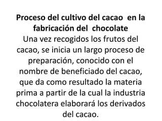 chocolate.    Proceso del cultivo del cacao  en la  fabricación del  chocolateUna vez recogidos los frutos del cacao, se inicia un largo proceso de preparación, conocido con el nombre de beneficiado del cacao, que da como resultado la materia prima a partir de la cual la industria chocolatera elaborará los derivados del cacao. 