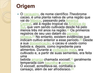 Origem
   O cacaueiro, de nome científico Theobroma
    cacao, é uma planta nativa de uma região que
    vai do México, passando pela América
    Central, até à região tropical da América do
    Sul, que vem sendo cultivada desde há pelo
    menos três mil anos na região.[3] Os primeiros
    registros de seu uso datam do período
    olmeca.[5] No entanto, existem evidências que
    indicam cultivo anterior a esse período.[6] Desde
    a sua domesticação, o cacau é usado como
    bebida e, depois, como ingrediente para
    alimentos. Durante a civilização maia, era
    cultivado e, a partir de suas sementes, era feita
    uma
    bebida amarga chamada xocoatl,[4] geralmente
    temperada com baunilha e pimenta.
    O xocoatl, acreditava-se, combatia o
    cansaço, além de ser afrodisíaco.[7]
 