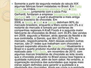    Somente a partir da segunda metade do século XIX
    algumas fábricas foram instaladas no Brasil. Em Porto
    Alegre os irmãos imigrantes alemães Franz e Max
    Neugebauer, juntamente com o sócio Fritz
    Gerhardt, fundaram a empresa Neugebauer Irmãos &
    Gerhardt em 1891,a qual é atualmente a mais antiga
    fábrica brasileira de chocolate. Em
    2008, a Nestlé, a Kraft e a Garoto detinham 90% do
    mercado brasileiro, enquanto a Mars conta com 3% e o
    restante do mercado é tomado por centenas de
    companhias regionais A Kraft Foods é a segunda maior
    fabricante de chocolates do Brasil, com 35,8% das vendas
    em 2009, segundo a Nielsen, atrás apenas da Nestlé e de
    sua controlada, a Garoto, que têm 22,5% e 22% do
    mercado, respectivamente. Além dessas existem outras
    marcas, são 21 redes que trabalham com chocolate e
    buscam expansão através de franchising.[ Atualmente o
    Brasil é o quarto produtor mundial de chocolate.Um teste
    realizado pela PRO Teste, em novembro de 2010, com
    algumas marcas brasileiras de chocolate ao leite revela
    que o chocolate produzido no Brasil possui boa higiene e
    qualidade nutricional, além de bom sabor. No entanto, a
    organização reivindica das autoridades que regras mais
    claras sejam definidas para garantir a qualidade e a
 