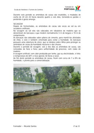 Escola de Hotelaria e Turismo de Coimbra

Durante este período as amêndoas de cacau são resolvidos, e mudadas de
cocho de 24 em 24 horas durante quatro a seis dias, tornando-se pardas e
perdendo o gosto amargo.
SECAGEM
Depois de fermentadas, as amêndoas de cacau são secas ao sol ou em
secadores artificiais.
Na secagem ao sol elas são colocadas em tabuleiros de madeira que se
denominam de barcaças e que medem normalmente 5 m de largura e 10 m de
comprimento.
As barcaças são colocadas sobre pilares de cimento, para mantê-las afastadas
do chão, e este é também cimentado para evitar a humidade. As barcaças
possuem uma cobertura de zinco: que se desloca sobre tilhos para proteger as
amêndoas de cacau da humidade nocturna e das chuvas.
Durante o período de secagem, seis a dez dias as amêndoas de cacau, são
remexidas de hora a hora, para uniformidade do processo, com rodas de
madeira.
A secagem artificial, com calor produzido por lenha, gaz ou electricidade, é feita
à temperatura de 60ºc e leva apenas 36 horas a secar.
Ao fim deste período as amêndoas de cacau, ficam com cerca de 7 a 8% de
humidade, e pronto para a comercialização.

Formador ~ Ricardo Santos

17 de 33

 