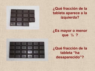 ¿Qué fracción de la
tableta aparece a la
izquierda?
¿Es mayor o menor
que ½ ?
¿Qué fracción de la
tableta “ha
desaparecido”?
 