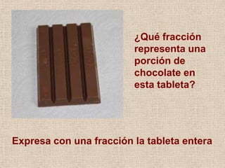 ¿Qué fracción
representa una
porción de
chocolate en
esta tableta?
Expresa con una fracción la tableta entera
 