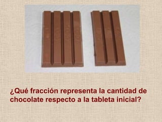 ¿Qué fracción representa la cantidad de
chocolate respecto a la tableta inicial?
 
