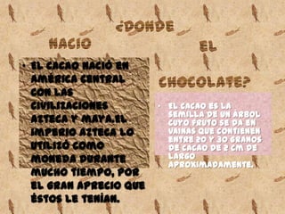 • El cacao es la
semilla de un árbol
cuyo fruto se da en
vainas que contienen
entre 20 y 30 granos
de cacao de 2 cm de
largo
aproximadamente.
• El cacao nació en
América Central
con las
civilizaciones
azteca y maya.El
imperio azteca lo
utilizó como
moneda durante
mucho tiempo, por
el gran aprecio que
éstos le tenían.
 